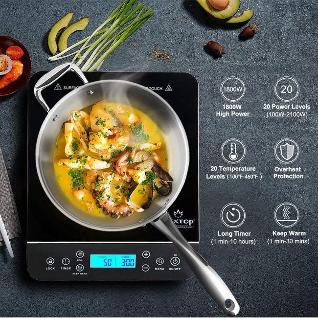 Duxtop 1800W portable induction cooktop with LCD sensor touch controls and sleek silver countertop design