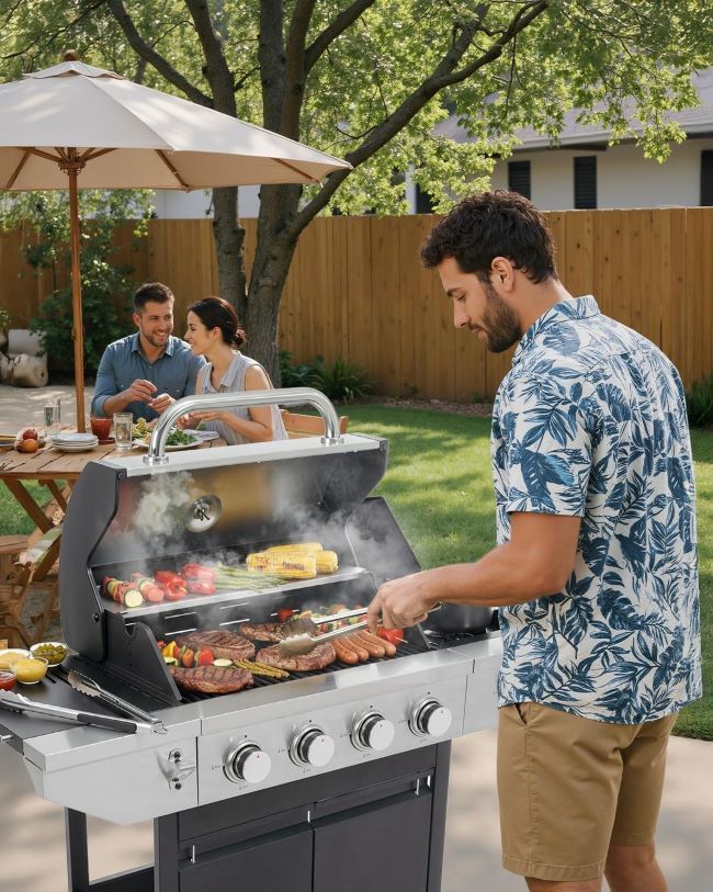 EUHOME 4-burner propane gas BBQ grill with side burner and cast iron grates for outdoor patio cooking