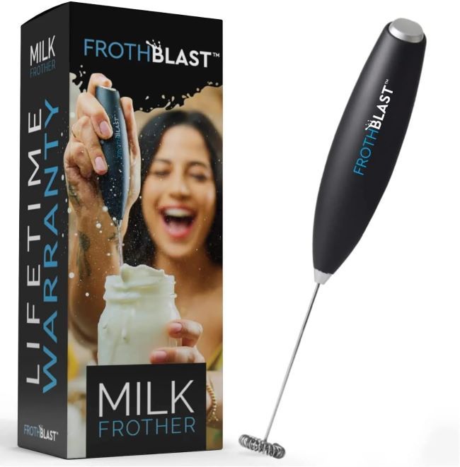 FrothBlast handheld milk frother for coffee, latte, frappe, and hot chocolate foam mixing