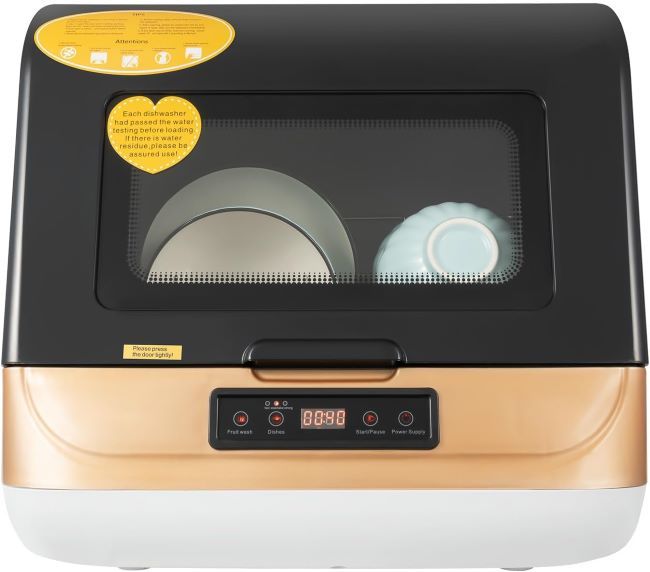 Fufiea portable countertop dishwasher with low water usage, 360° spray arms, and high-temperature drying for efficient cleaning