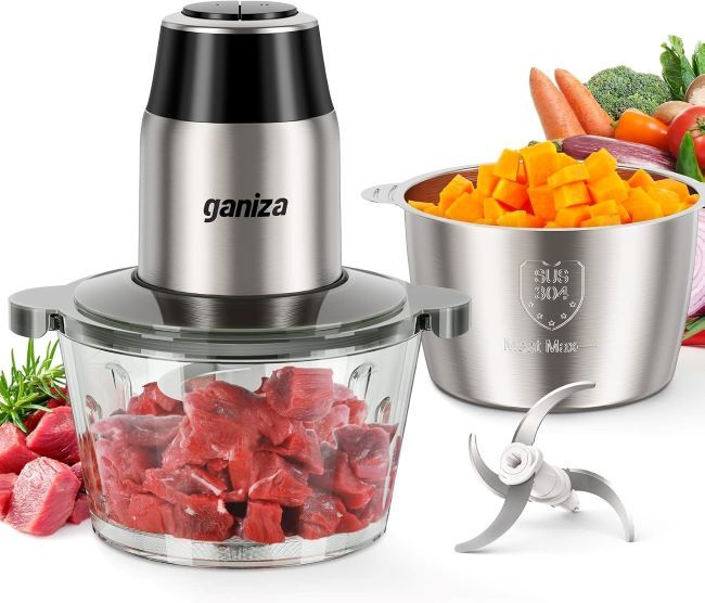 GANIZA Electric Food Processor and Chopper – 450W food processor with dual 8-cup bowls and bi-level blades for meat, vegetables, and nuts.