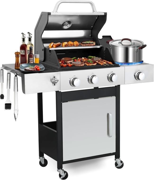GRILL DEPOTS 3-burner propane gas grill with side burner and cabinet storage for outdoor barbecue cooking