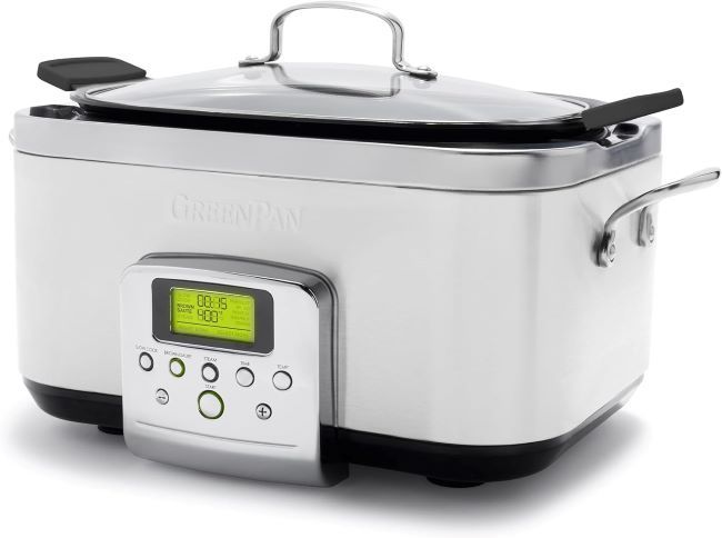 GreenPan Elite 8-in-1 Programmable 6QT Electric Slow Cooker, PFAS-free ceramic nonstick, dishwasher-safe lid, white