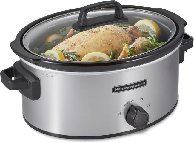 Hamilton Beach 6-Quart Slow Cooker with 3 settings and glass lid – dishwasher-safe stoneware crock for easy cooking and cleaning.