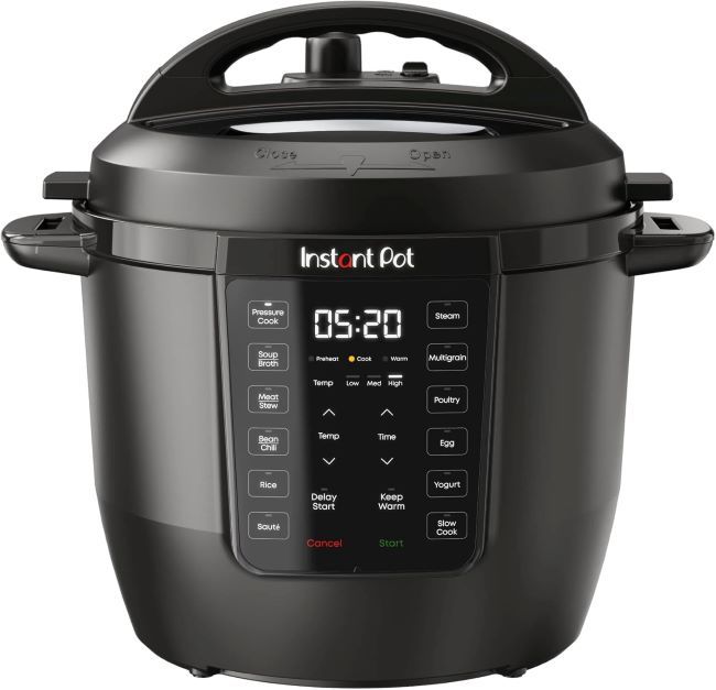 Instant Pot RIO 7-in-1 Multi-Cooker 6QT black – compact pressure cooker with slow cook, rice, steam, sauté, and yogurt functions.