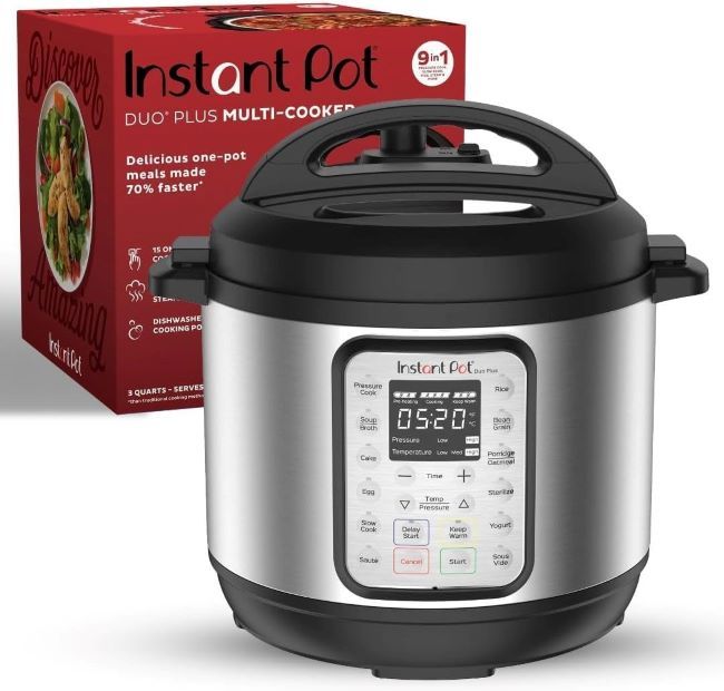 Instant Pot Duo Plus 9-in-1 Multicooker 6-Quart stainless steel – multifunction pressure cooker with slow cook, steam, sauté, and yogurt modes.
