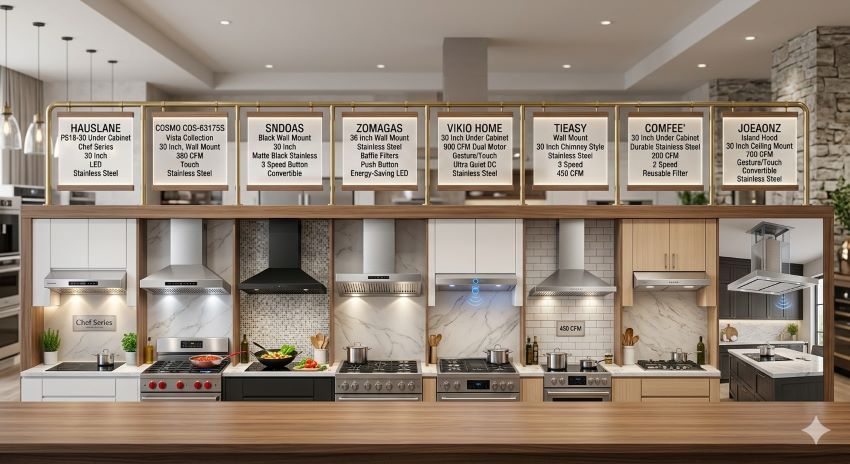 Best affordable 30-inch kitchen range hoods in New York showing powerful stainless steel models for fast smoke removal in 2026