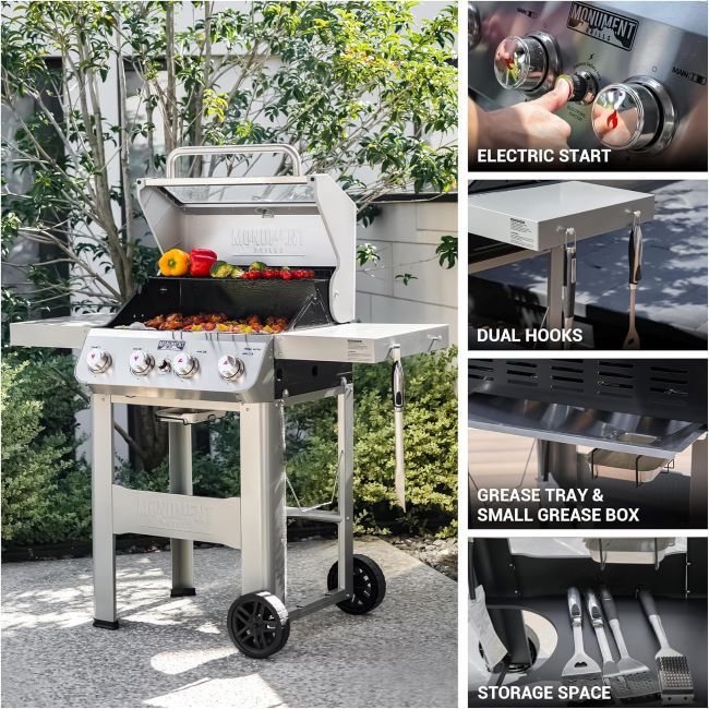 Monument Grills 4-burner stainless steel propane grill with Clearview lid for patio and garden barbecues