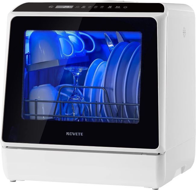 NOVETE compact countertop dishwasher with built-in water tank, air-dry function, and efficient cleaning for apartments