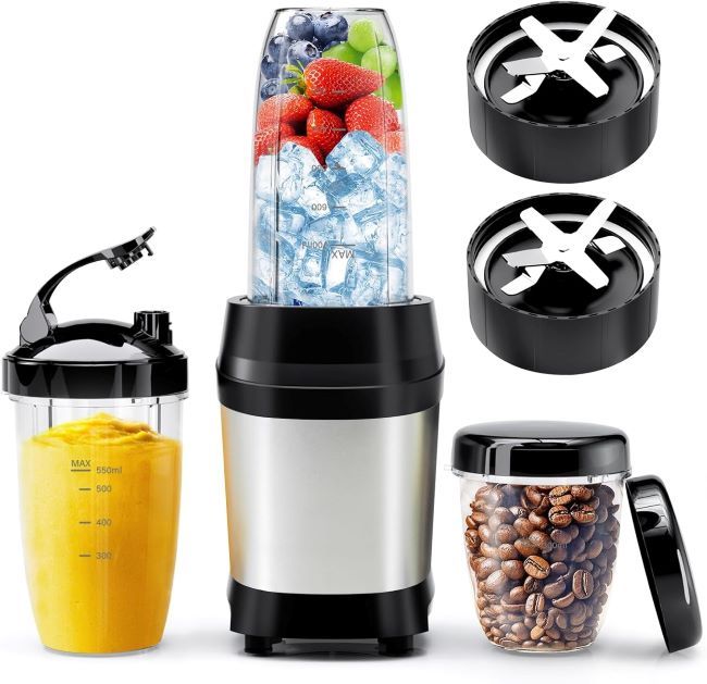 Nahida 1200W Personal Smoothie Blender – silver blender with 2 six-fin blades, 23oz, 32oz, 37oz cups, perfect for ice crushing and juices.