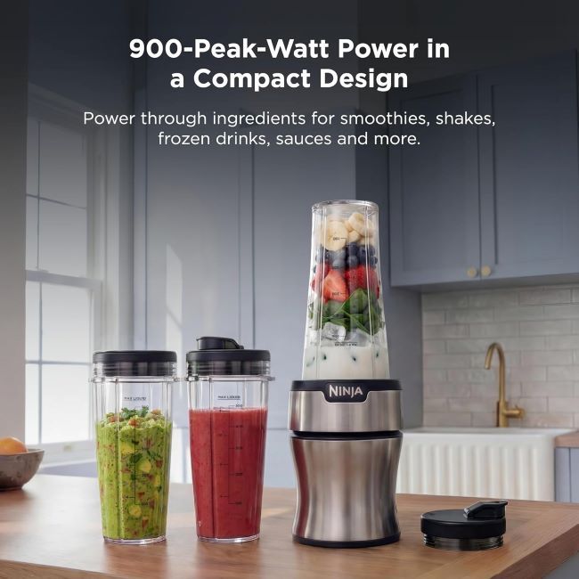 Ninja BN301 Nutri-Blender Plus 900W – compact personal blender with three 20 oz to-go cups for smoothies, frozen drinks, and sauces.