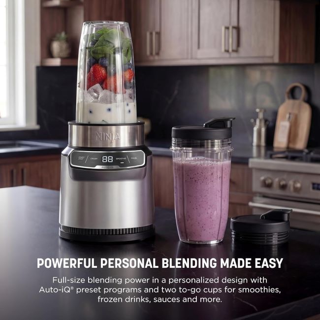 Ninja Nutri Pro Single-Serve Blender BN401 – silver blender for smoothies, salsa, shakes, frozen drinks; includes 2 cups with lids and ice-crushing blades.