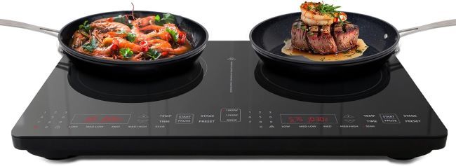 Nuwave Double Pro portable induction cooktop with 1800W power, dynamic watt control, and shatter-proof ceramic glass surface