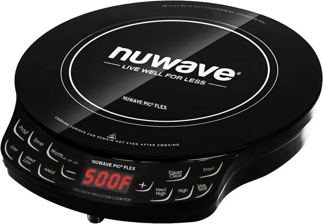 Nuwave Flex Precision induction cooktop with multiple wattage settings, compact design, and shatter-proof glass surface