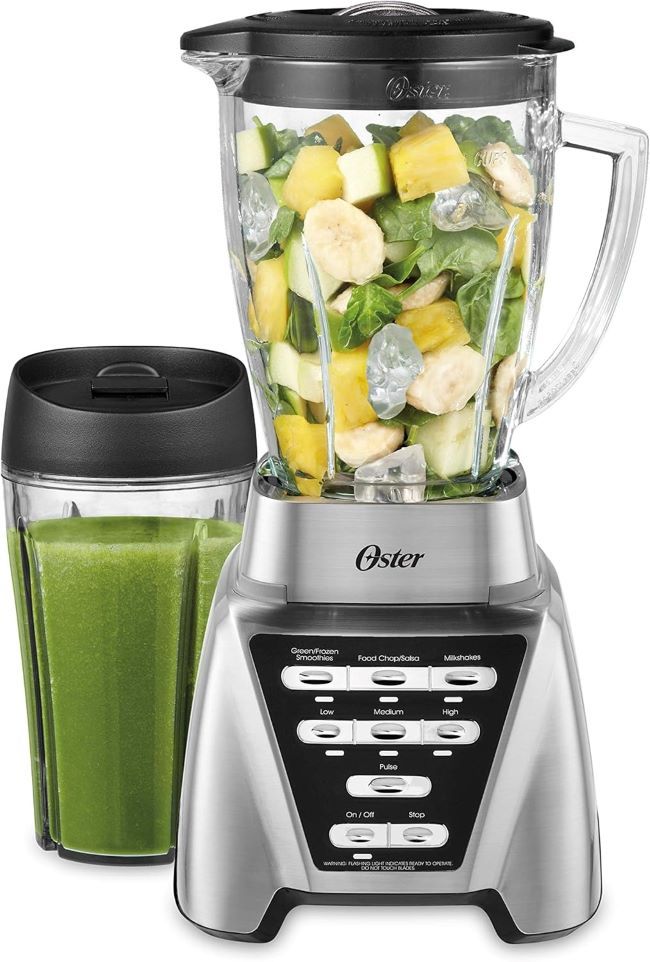 Oster Pro 1200 Smoothie Blender – countertop blender with glass jar, 24oz to-go cup, 7 speeds, 1200W power, brushed nickel finish.