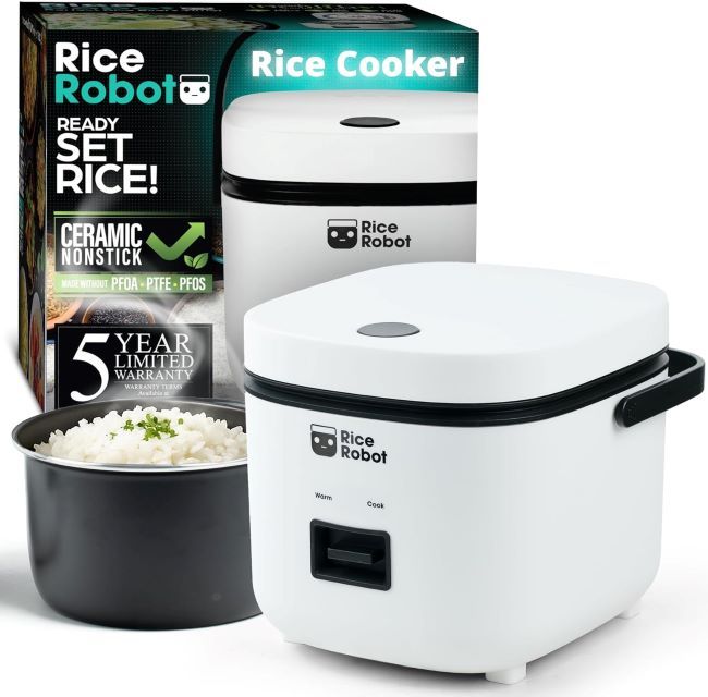 EMSON Rice Robot Personal Rice Cooker, 1-Quart capacity, nonstick, PFAS-free, with steamer tray, measuring cups, recipe book