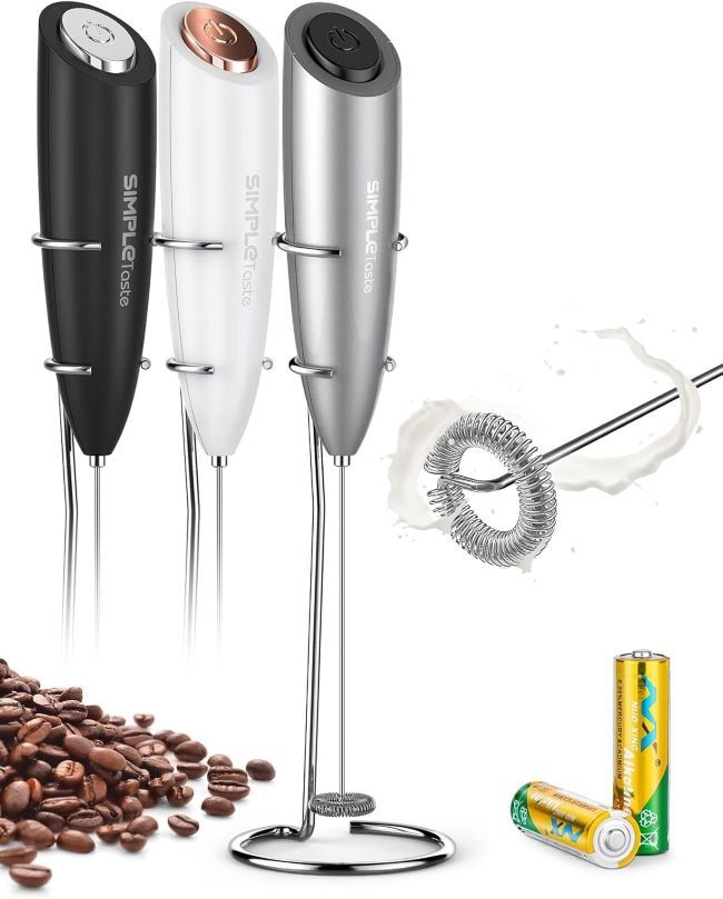 SIMPLETASTE handheld electric milk frother with stainless steel whisk and stand for creamy coffee foam