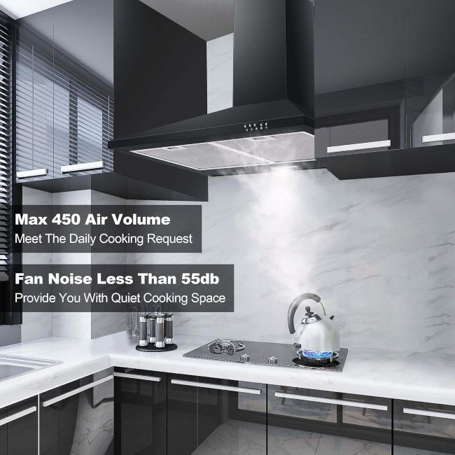 SNDOAS 30-inch black wall mount range hood with ducted/ductless option, 3-speed fan, aluminum filters, and LED lighting
