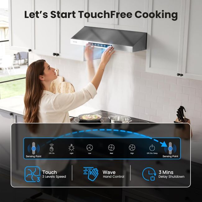 VIKIO HOME 30-inch under cabinet range hood with 900 CFM dual motor power, gesture control, and dishwasher-safe filters