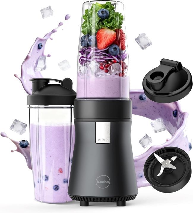 iCucina 700W Personal Smoothie Blender – single-serve blender with 2 portable 28oz cups, pulse technology for ice, frozen fruit, and shakes.