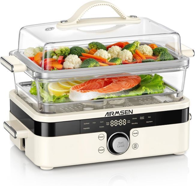 AIRMSEN glass food steamer with 2-tier stainless steel trays, 1200W fast heating, and BPA-free design for healthy cooking