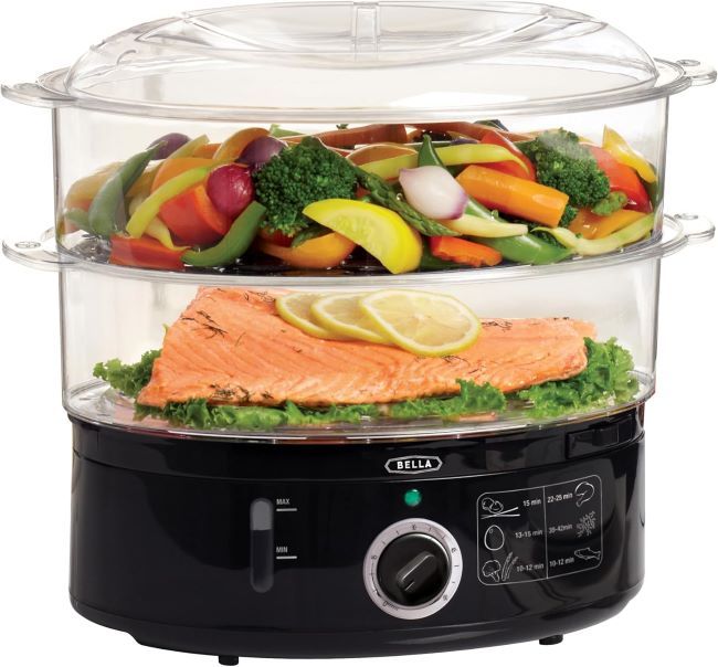 BELLA two-tier electric food steamer in black with stackable baskets, removable base, and auto shut-off for fast cooking