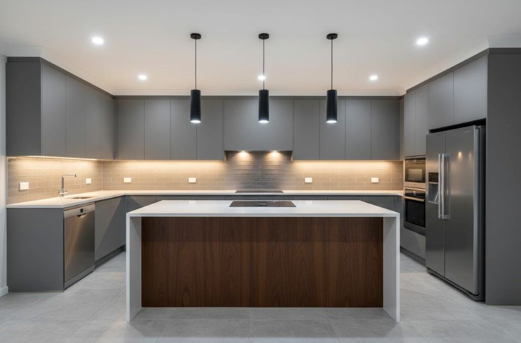 Under-cabinet lighting installation illuminating a modern kitchen workspace