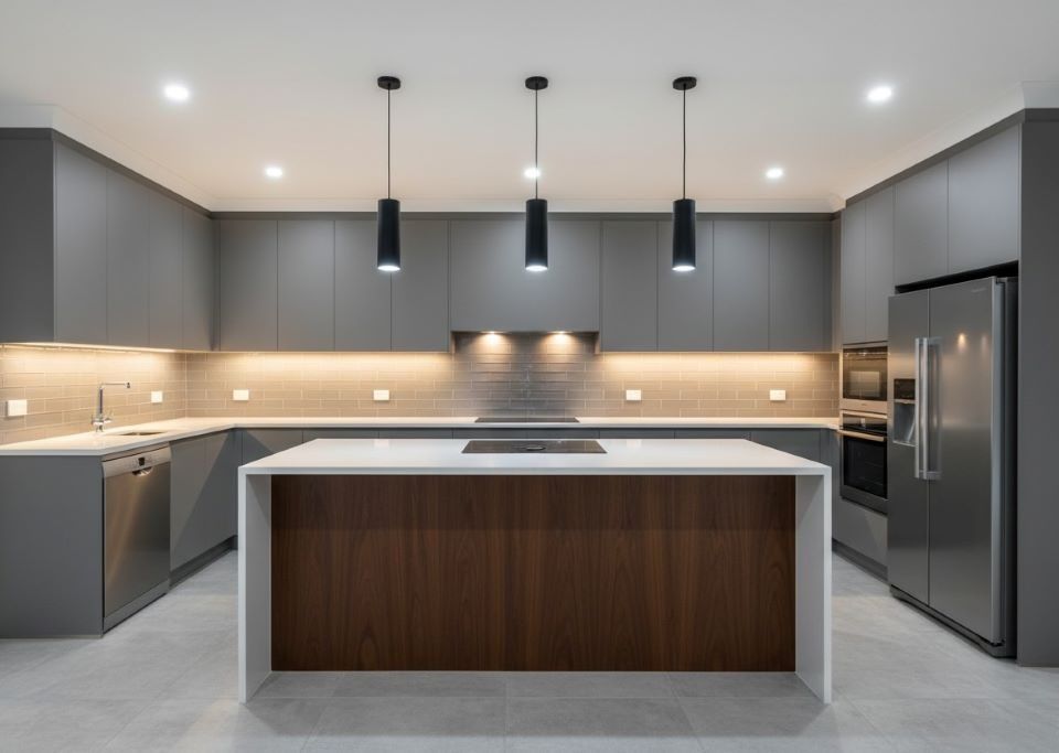 Under-cabinet lighting installation illuminating a modern kitchen workspace