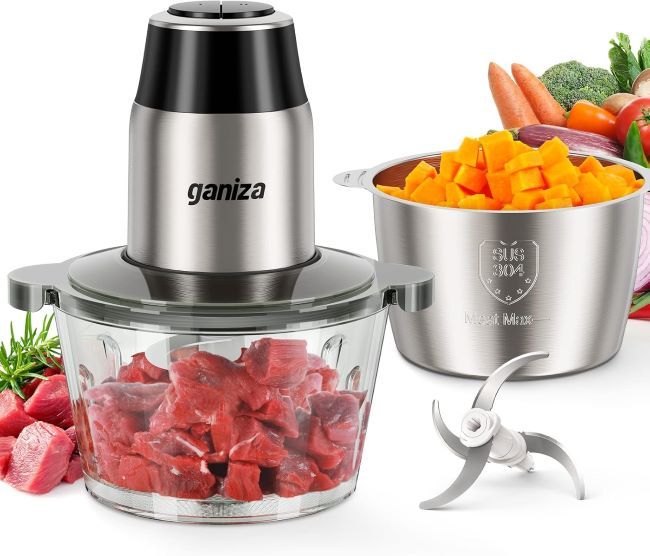 GANIZA food processor with dual 8-cup bowls, 450W motor, and bi-level blades for chopping meat, vegetables, fruits, and nuts