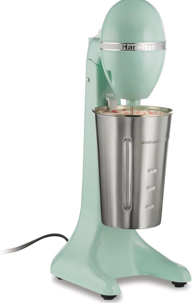 Hamilton Beach DrinkMaster electric drink mixer in mint with stainless steel cup for milkshakes and frothy beverages