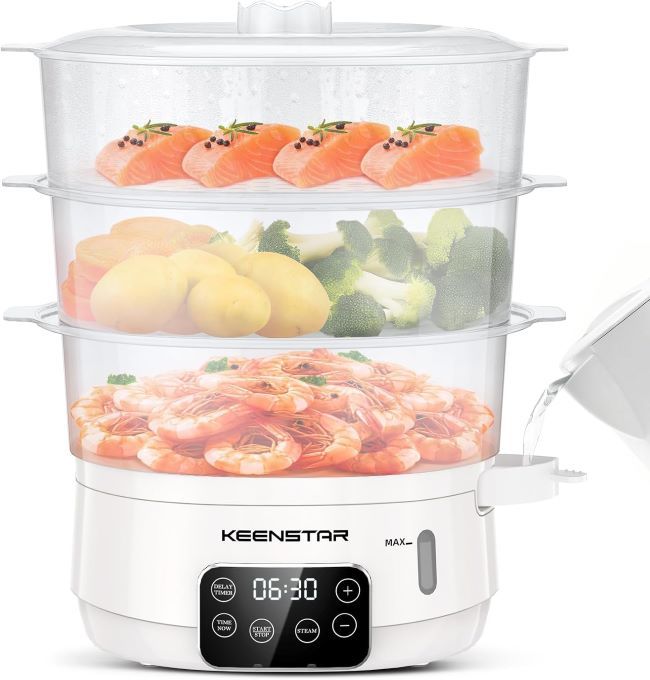 KEENSTAR 3-tier electric food steamer with large 13.7QT capacity, digital timer, and BPA-free baskets for multi-food cooking