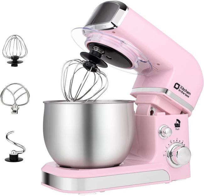 Kitchen in the box 3.2Qt stand mixer in pink with six speeds, dough hook, whisk, and flat beater for daily baking