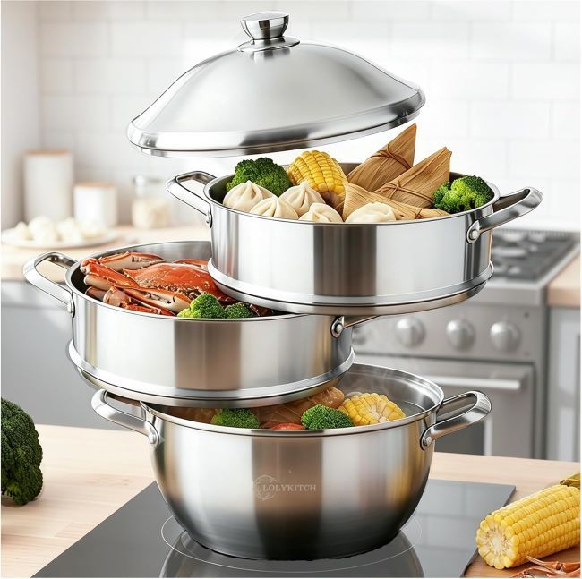 LOLYKITCH stainless steel 3-tier steamer pot for dumplings and vegetables, compatible with induction and all stovetops