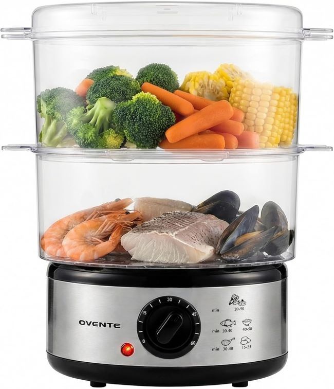 OVENTE 2-tier stainless steel electric food steamer FS62S with timer, auto shut-off, and dishwasher-safe design for healthy meals
