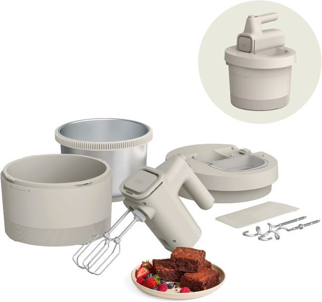 bella 3.5Qt hand and stand mixer in oatmilk color with bowl, dough hook, whisk, and egg beater for baking