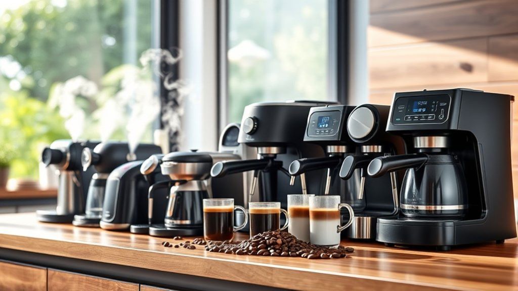 Different coffee makers displayed to compare styles, sizes, and features