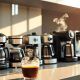 Modern kitchen counter with coffee maker brewing fresh coffee for home use
