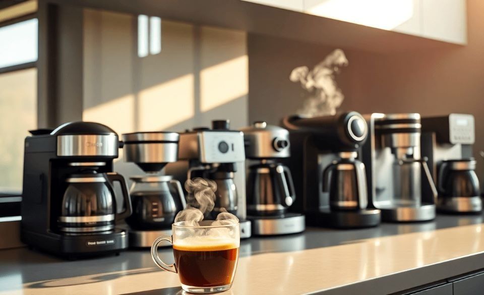Modern kitchen counter with coffee maker brewing fresh coffee for home use