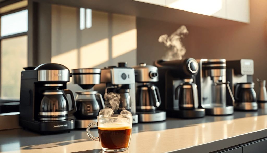 Modern kitchen counter with coffee maker brewing fresh coffee for home use
