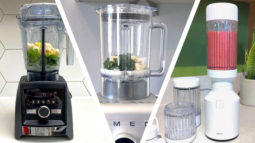 Compact kitchen blender beside chopped vegetables and fruits for meal prep.