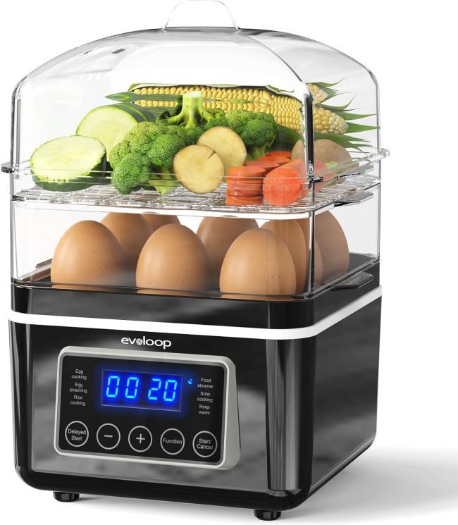 evoloop 2-tier digital food steamer with BPA-free baskets, egg steaming function, and auto shut-off for vegetables and rice