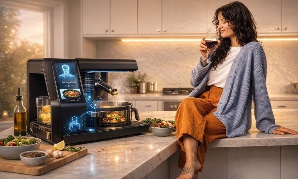 Robotic cooker preparing a smart meal with automated settings in a modern kitchen