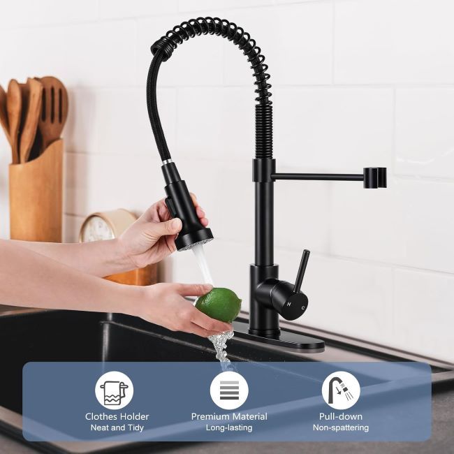 DJS spring kitchen faucet with pull-down sprayer and matte black finish for farmhouse and RV sink setups