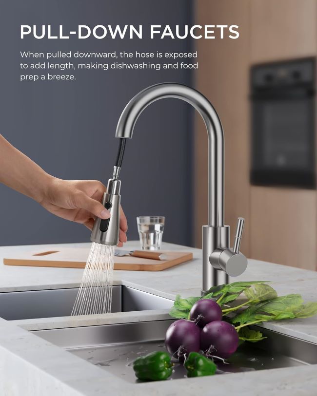 FORIOUS kitchen faucet with pull-down sprayer and brushed nickel finish featuring a high-arc stainless steel design