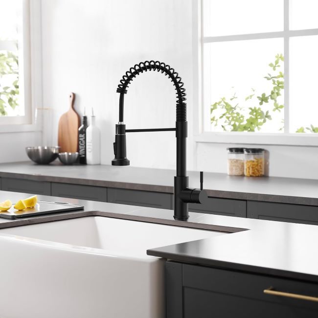 GIMILI black kitchen faucet with pull-down sprayer and modern single-handle design for farmhouse sinks