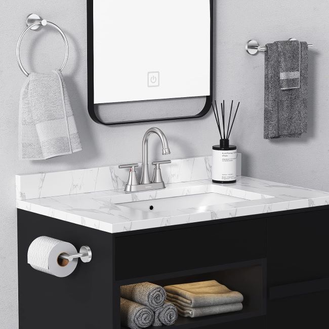Hurran bathroom sink faucet with brushed nickel finish and pop-up drain for vanity and RV installations
