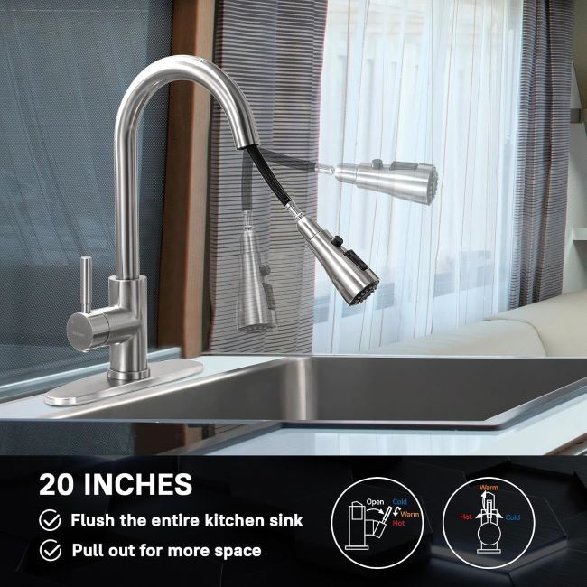 WEWE high-arc kitchen faucet with pull-out sprayer and brushed nickel finish for convenient sink use