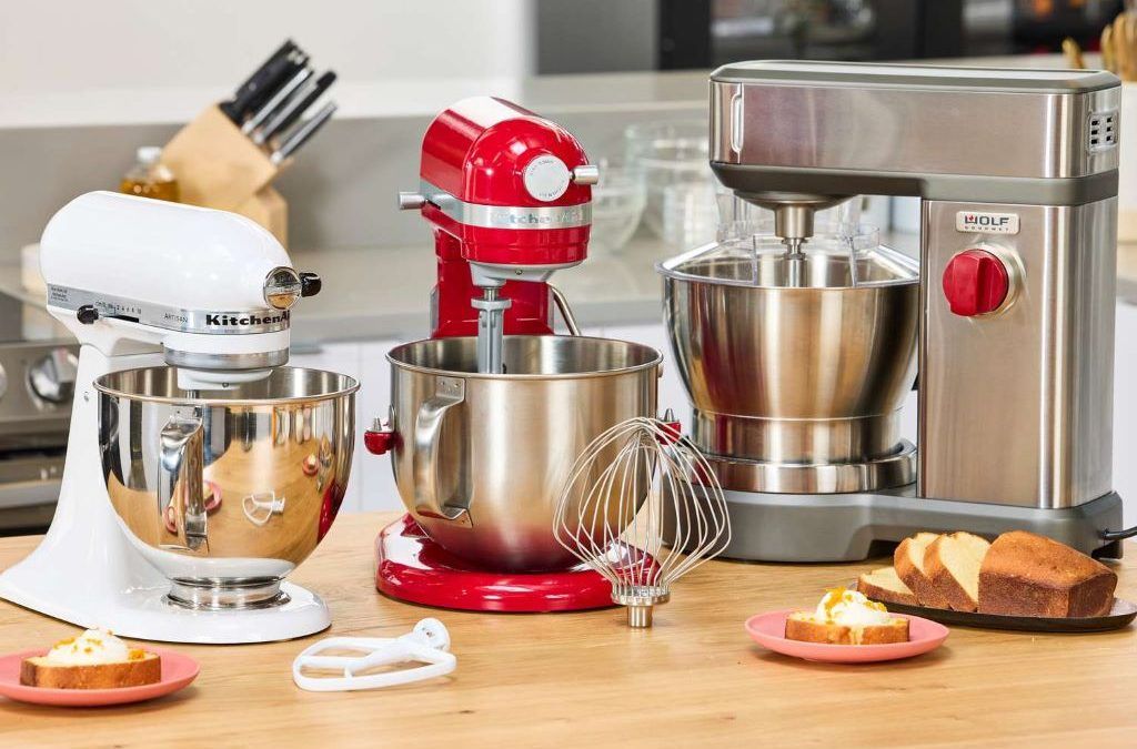 Different electric stand mixers displayed for baking and home use