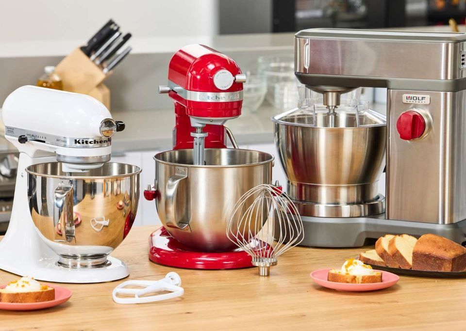 Different electric stand mixers displayed for baking and home use