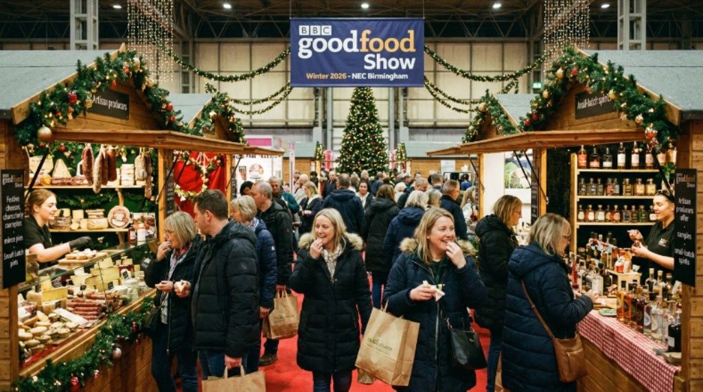 Visitors browsing festive food stalls and artisan producers at BBC Good Food Show Winter 2026